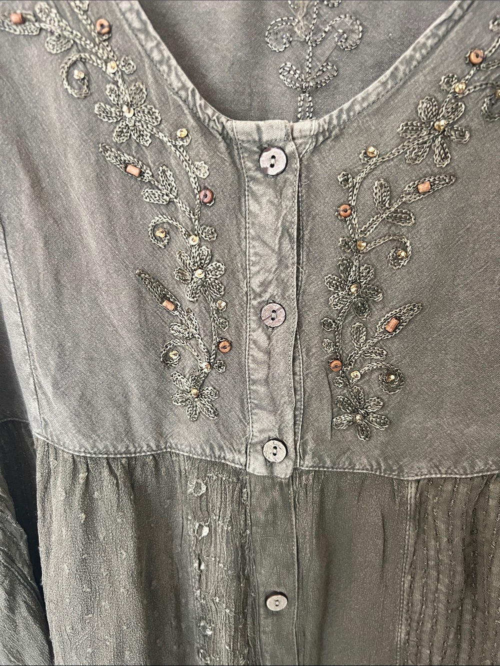 Venezia Olive Embroidered V-Neck Button Tunic - Picture 4 of 11